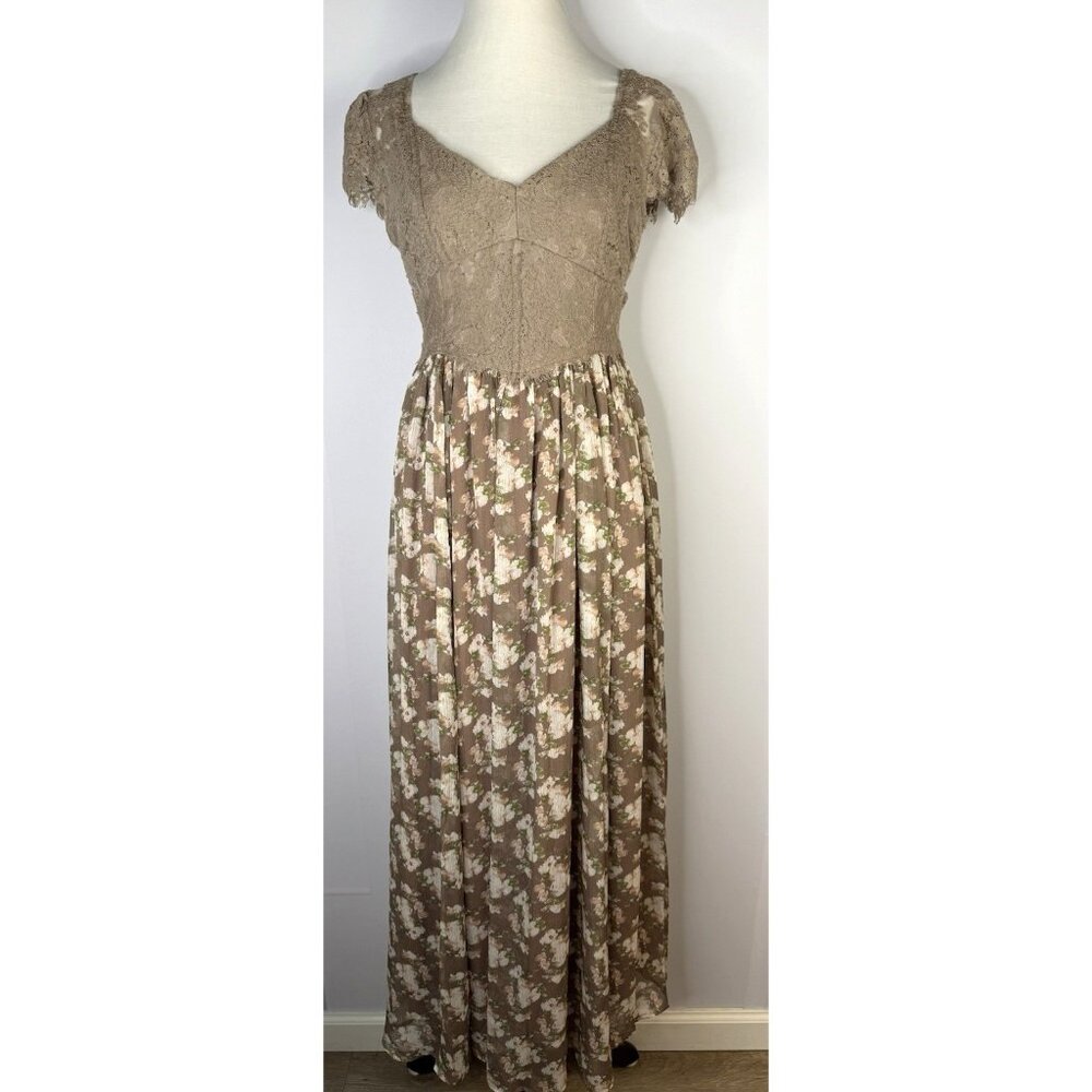 In Loom Long Dress Romantic Floral Lace Beige Sz M Cottagecore Feminine Coquette